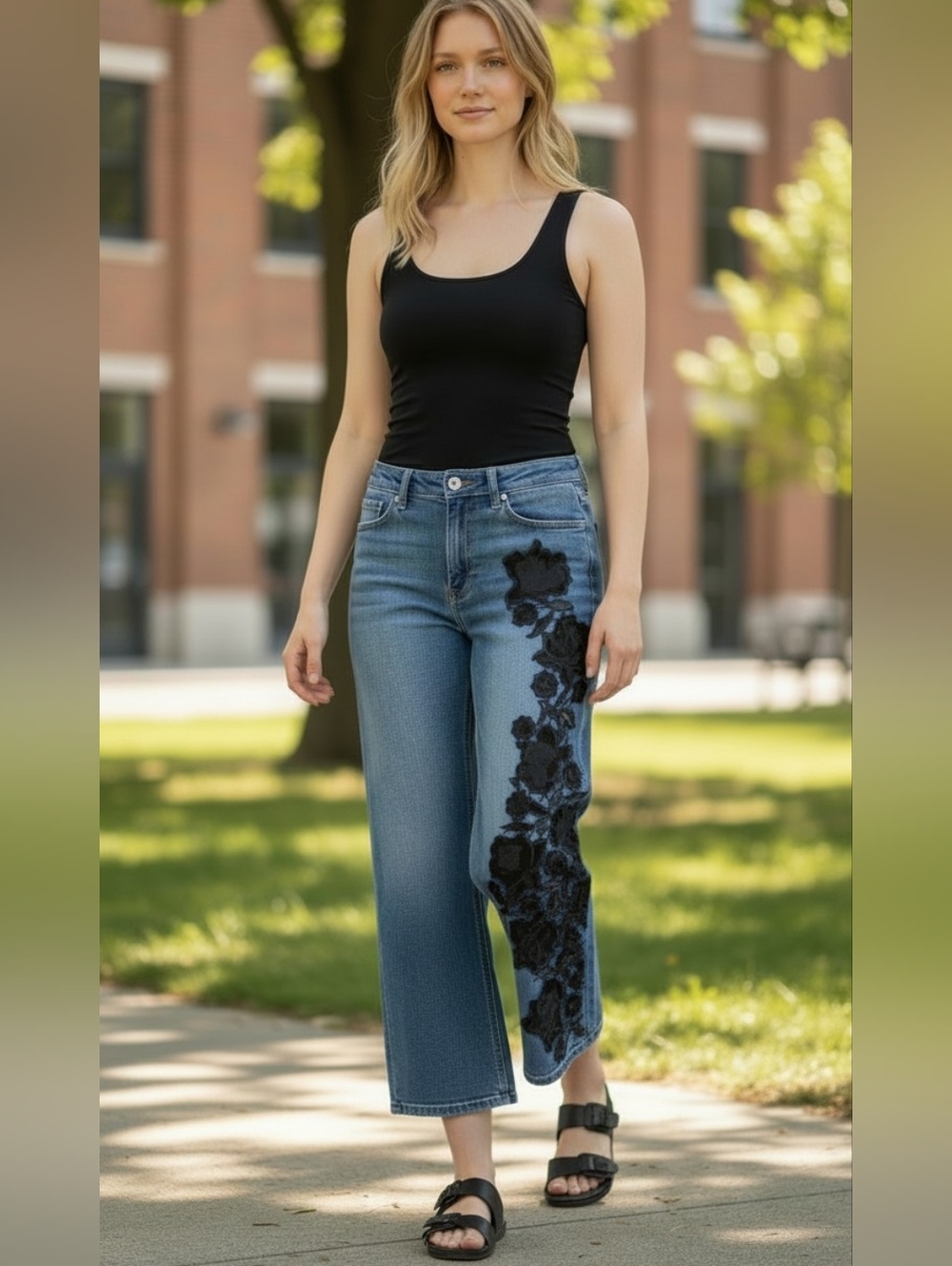 7 For All Mankind Cropped Jean Alexa Trouser Floral Embroided Wide Leg 24 New - Picture 1 of 9